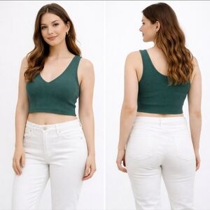 Garage Ribbed V-Neck Cropped Tank Green M